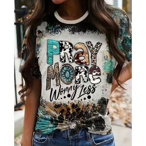 NEW SZ L “Pray More Worry Less” Western Leopard Print T-Shirt